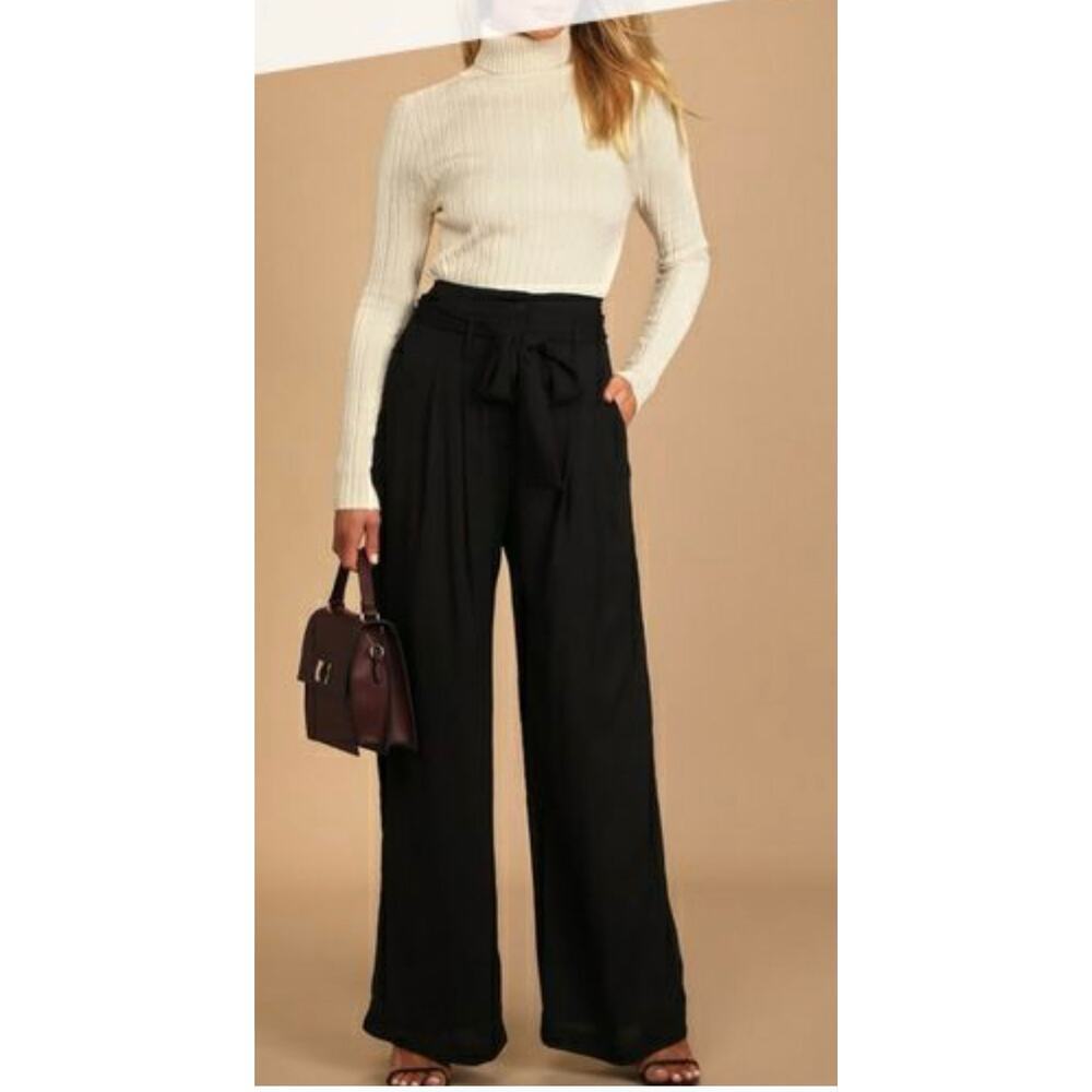 Leith New Black High Waisted Tie Waist Wide Leg Pant Paperbag Waist Work Small